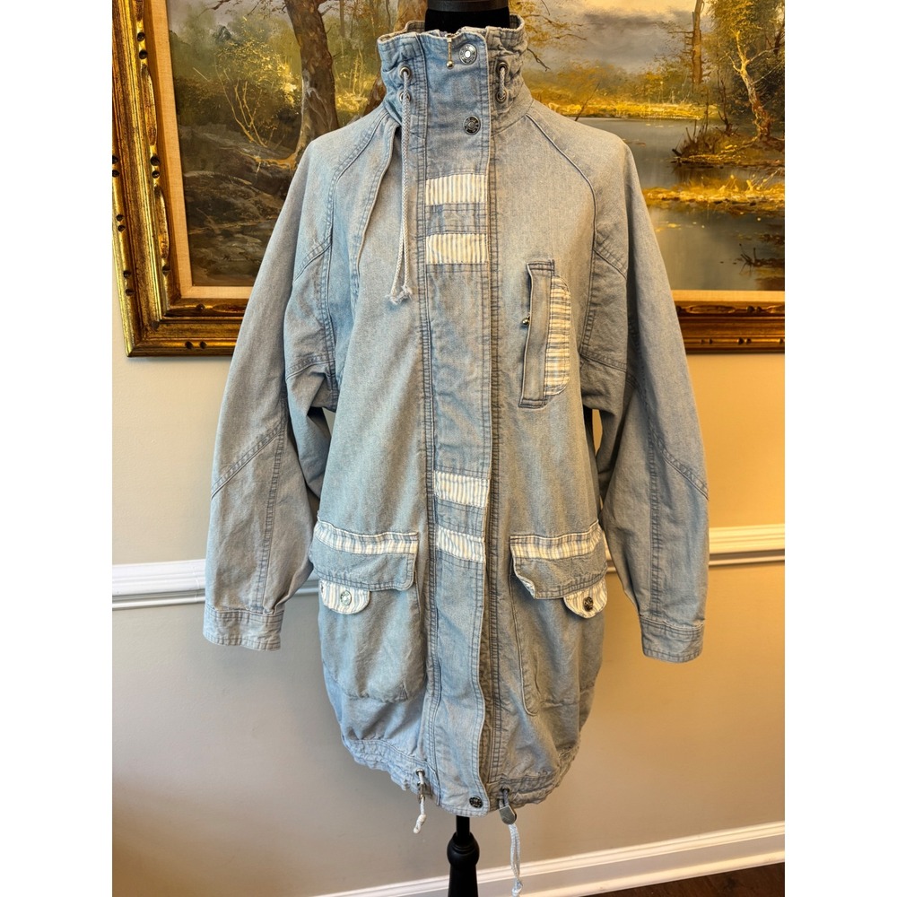 Vintage East West Denim Jacket Gingham Accents Light Wash Sz SM 80s 90s Jean